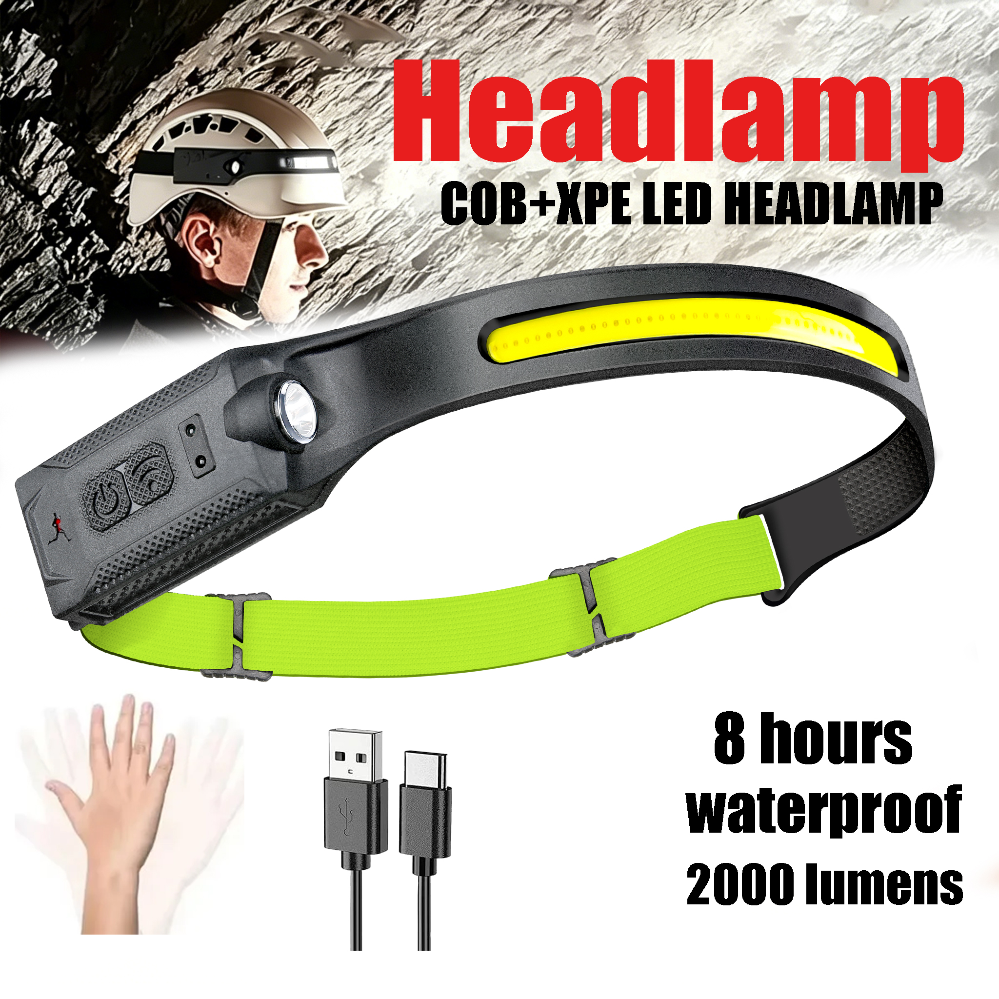 Outdoor Lighting Sensor - COB Portable Sensor Headlamp Rechargeable 5-modes